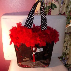 TOTE BAG OF BEAUTY BLACK AND RED FEATHERS WITH POLKA DOTS INSIDE BUCKET TOTE
